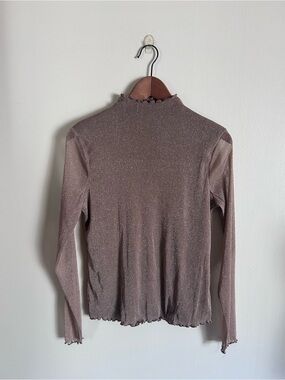 Maurices | taupe metallic lettuce hem long sleeve turtleneck top